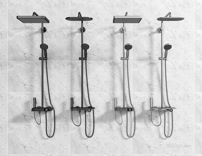 Modern Shower Systems with Rainfall Head Handheld Sprayer and Control Valve on Tile Wall 3d model