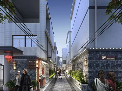 Traditional Modern Commercial Street With Two Row Buildings Red Lanterns Stone Pathway And Pedestrians 3d model