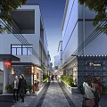 Traditional Modern Commercial Street With Two Row Buildings Red Lanterns Stone Pathway And Pedestrians