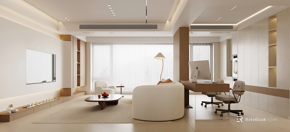 Modern Living Dining Room Interior With Beige Sofa Coffee Table Floor Lamp And Large Windows 3d model 