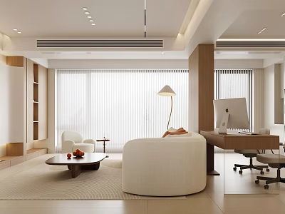 Modern Living Dining Room Interior With Beige Sofa Coffee Table Floor Lamp And Large Windows 3d model