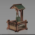 Traditional Wooden Well Model With Green Tiled Roof And Hanging Bucket