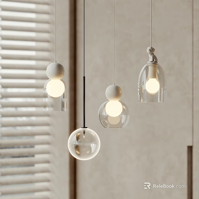 Set of Modern Glass Pendant Lights With Round Shades Hanging Near Window Blinds 3d model 