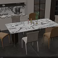 Modern Dining Table Set with Marble Top Six Beige Gray Chairs and Tableware Plant Decor 3d model