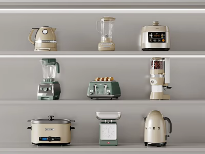 Stylish Kitchen Appliances On Three Shelves Including Kettle Blender Rice Cooker Toaster And Coffee Maker 3d model