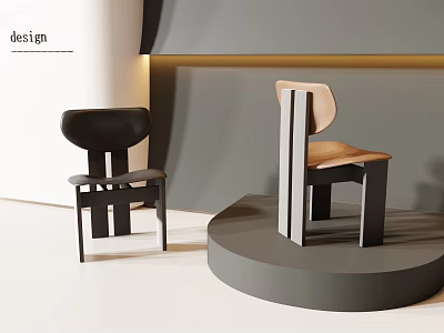 Modern Dining Chairs With Black And Wooden Geometric Design On Circular Pedestal Against Grey Background 3d model