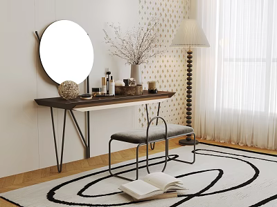 Stylish Dressing Table With Round Mirror Wooden Countertop Metal Legs Bench Floor Lamp And Vase 3d model