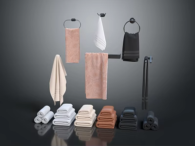 Colorful Bath Towels Folded And Hanging On Black Towel Rings For Bathroom Daily Use 3d model