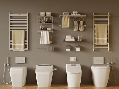 Modern White Toilets in Bathroom with Wall mounted Shelves Towels and Toiletries 3d model
