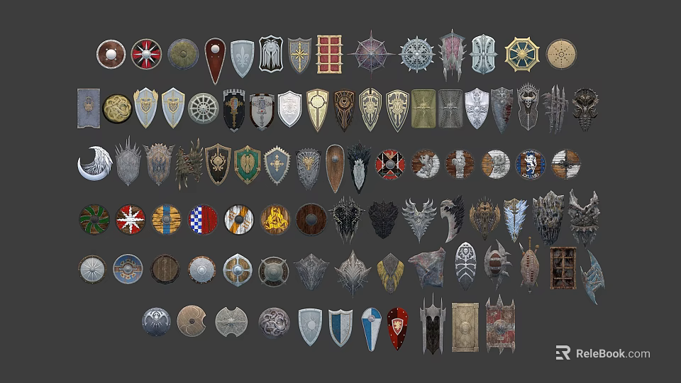 Assorted Decorative Shields In Various Design Styles For Collection And 3d model 
