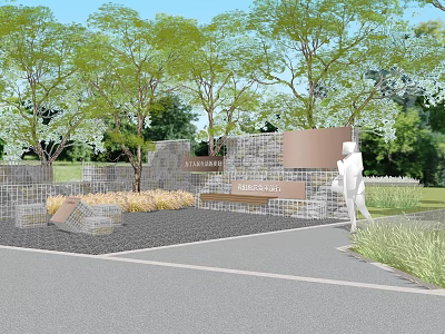 Modern Feature Wall In Landscape Garden With Stone Design Trees Bench And Green Grass 3d model
