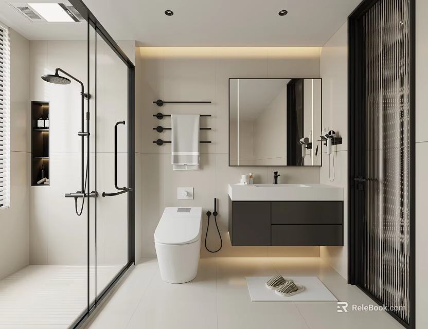 Modern Bathroom Interior Design With Shower Toilet Vanity And Mirror 3d model 