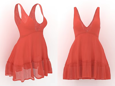 Stylish Red Sleeveless V Neck Dress with Ruffled Skirt and Feminine Design Details 3d model