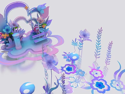 Vibrant Purple Pink Floral Photo Check in Spot With Heart Shaped Arch Clouds And Steps 3d model