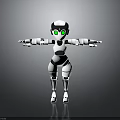 3D White And Black Robot Character With Green Eyes Extended Arms Standing On Black Background