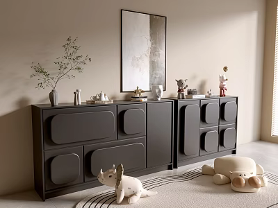Modern Black Console Cabinet Side Cabinet With Decorative Vase Ornaments Wall Art And Plush Toys 3d model