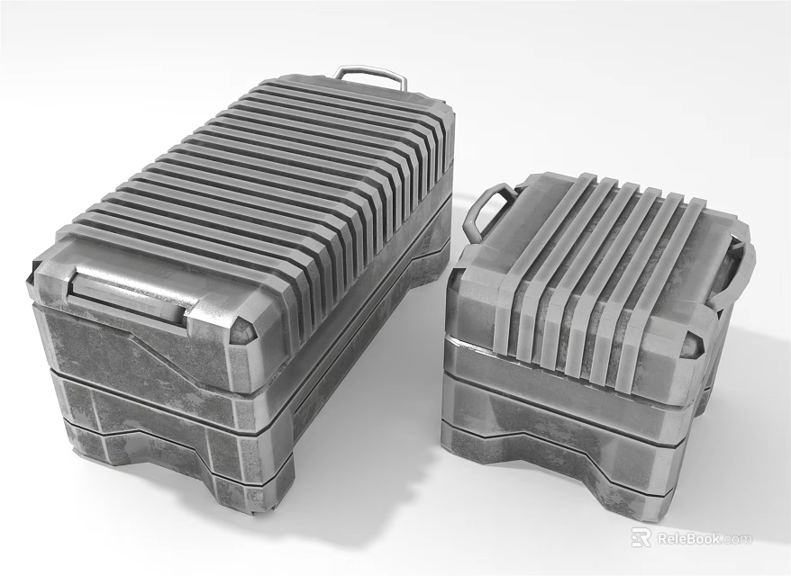 Two Silver Hard Shell Storage Cases With Striped Exterior And Durable Handles 3d model 