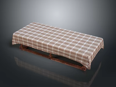 Long Rectangular Coffee Table With Brown And White Plaid Tablecloth And Wooden Legs 3d model