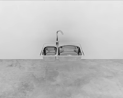 Stainless Steel Double Bowl Sink With Faucet On Concrete Countertop In Minimalist Interior 3d model