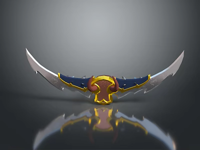 Fantasy Style Double Bladed Weapon Featuring Curved Silver Blades And Golden Red Blue Accents 3d model