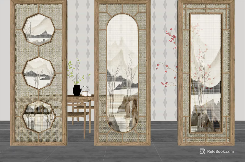 Chinese Style Wooden Frame Room Divider With Landscape Pattern For Interior Decor 3d model