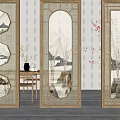 Chinese Style Wooden Frame Room Divider With Landscape Pattern For Interior Decor 3d model