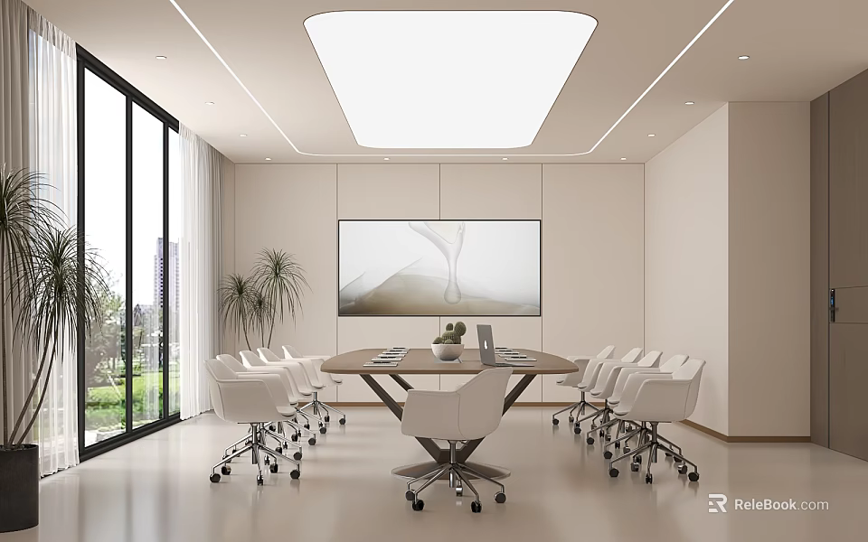 Modern Conference Room With Round Meeting Table White Chairs Large Screen And Green Landscape View 3d model 