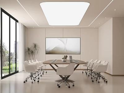 Modern Conference Room With Round Meeting Table White Chairs Large Screen And Green Landscape View 3d model