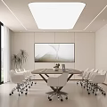 Modern Conference Room With Round Meeting Table White Chairs Large Screen And Green Landscape View