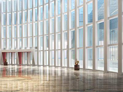 Bright Modern Hotel Lobby with Large Glass Windows High Ceiling and Marble Floor 3d model