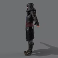 Medieval Hooded Man In Black Armored Outfit With Red Belt And Outstretched Arms