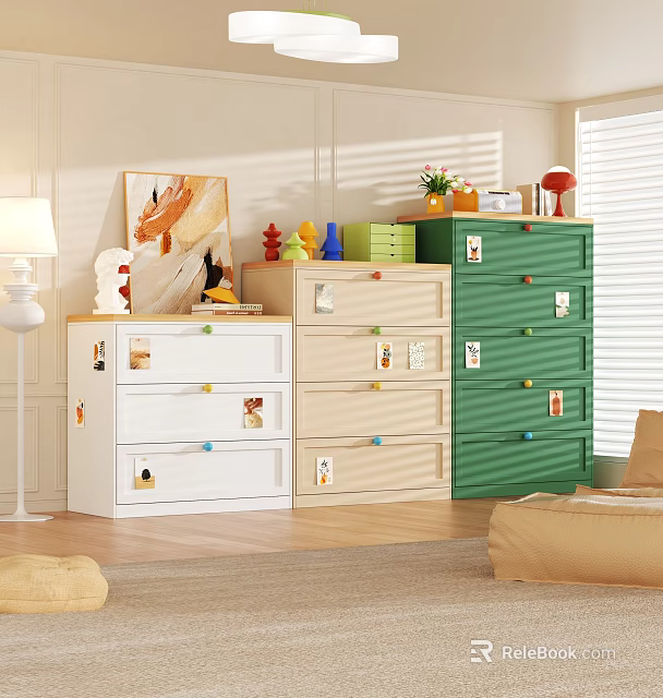 Colorful Kids Room Dressers with White Beige Green Multiple Drawers and Decorative Stickers 3d model 