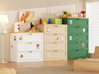 Colorful Kids Room Dressers with White Beige Green Multiple Drawers and Decorative Stickers 3d model