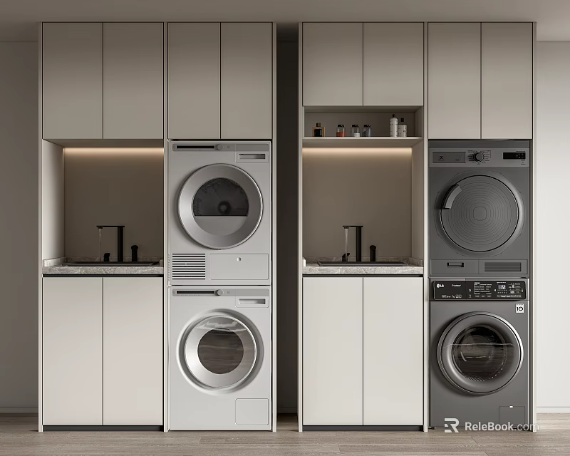 Modern Bathroom Cabinetry With Washer Dryer Units And Storage Shelves 3d model 