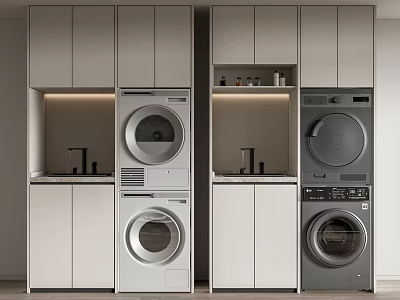Modern Bathroom Cabinetry With Washer Dryer Units And Storage Shelves 3d model