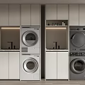 Modern Bathroom Cabinetry With Washer Dryer Units And Storage Shelves