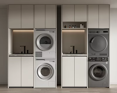 Modern Bathroom Cabinetry With Washer Dryer Units And Storage Shelves 3d model