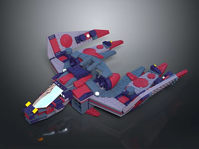 3D Spacecraft Model With Red Blue Purple Components And Illuminated Lights 3d model