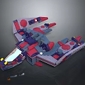3D Spacecraft Model With Red Blue Purple Components And Illuminated Lights