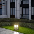 Outdoor Lights Illuminating Modern Building Lawn With Green Purple Shrubs And Paved Ground Reflections
