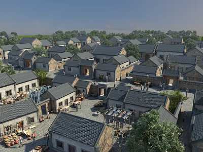 Traditional Commercial Street With Stone Wood Structures Gray Tile Roofs And Shops 3d model