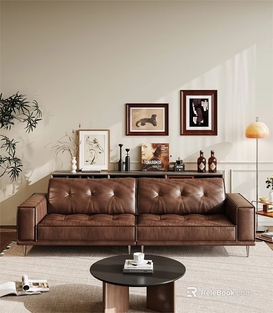 Brown Leather Two Seater Sofa in Living Room with Decorative Paintings and Floor Lamp 3d model 