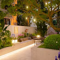 Beautiful Garden Featuring Wooden Bench Lush Green Plants Trees Purple Flowers And Hanging Lanterns
