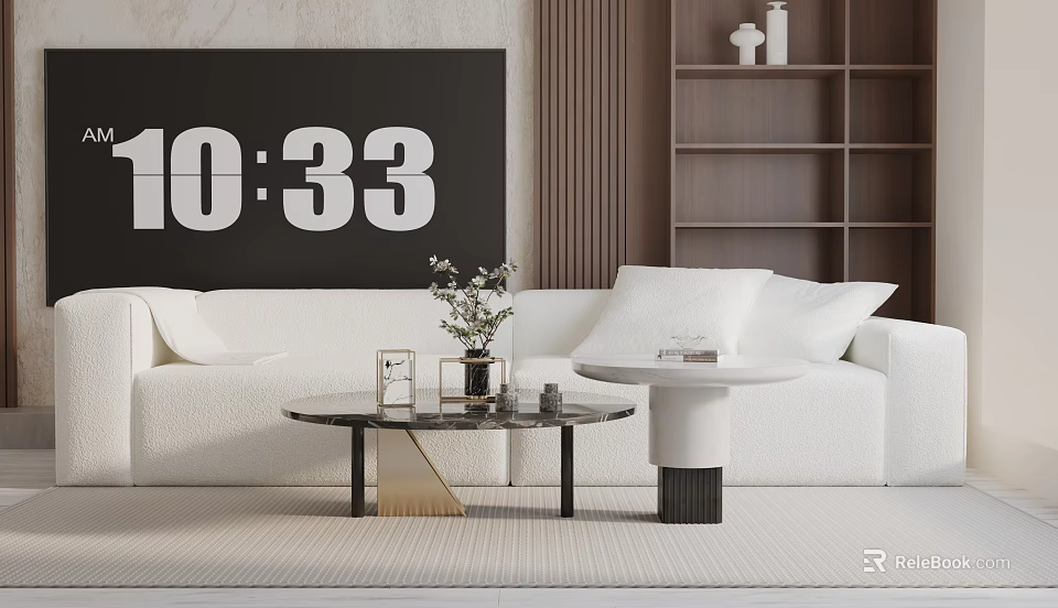 Modern White Three Seater Sofa Living Room With Round Coffee Table And Floral Vase 3d model 
