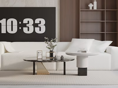 Modern White Three Seater Sofa Living Room With Round Coffee Table And Floral Vase 3d model
