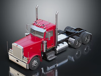 Red Heavy Duty Tractor Truck With Chrome Cab And Dual Exhaust Pipes 3d model