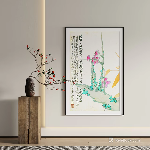 Chinese Landscape Painting With Plum Blossoms Calligraphy And Vase In Interior 3d model 