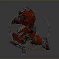 Detailed Futuristic Red Mech Game Character Running In Action Pose With Large Firearm
