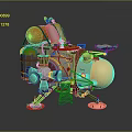 Steampunk Mechanical Machine With Golden Spherical Body Red Components And Metallic Structure 3d model