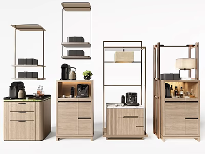 Modern Wooden Sideboard Design With Drawers Open Shelves Coffee Maker And Potted Plant 3d model